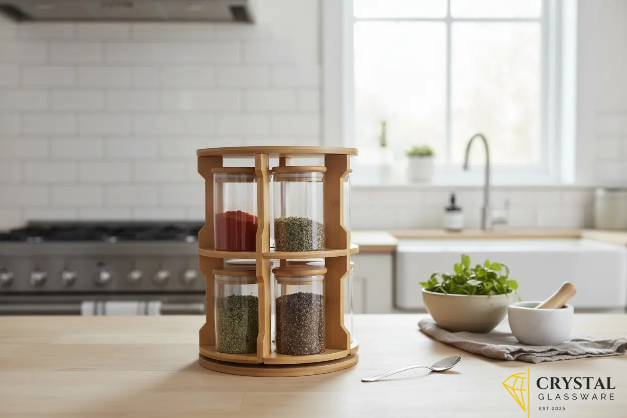 Spice storage 360° rotating bamboo rack and 10 borosilicate glass jars